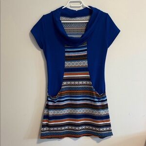 Blue Patterned Cowl Neck Mini Dress